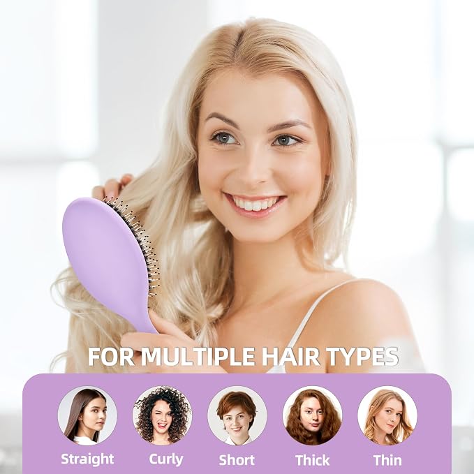 Boar Bristles Hair Brush for Women and Men, Detangling Hair Brush for Smoothing Massage Add Shine, Nylon&Boar Bristles Detangler brush for Hair Healthy (1 Pcs-Purple&White)