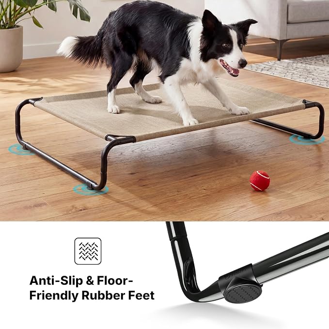 Veehoo Cooling Elevated Dog Bed, Outdoor Raised Dog Bed for Large Dogs | Dog Cot with Thickened Frame, Durable Teslin Mesh & Anti-Slip Rubber Feet, Pet Hammock for Indoor or Camping, 41", Beige