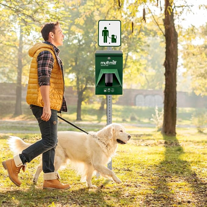 Mutt Mitt® Aluminum Mini Dog Waste Station - Gloss Green | Singles | Full-height aluminum station with sign, 400 header bags, locking dispenser, & post | install beside existing trash cans