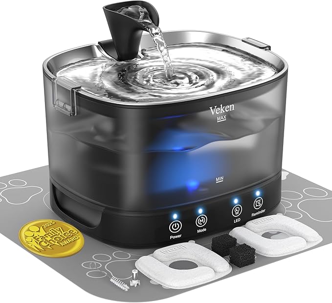 Veken Cordless Cat Water Fountain with Stainless Steel Tray & Secure Clips, 5200 mAh Battery Operated Pet Drinking Dispenser with LED Light, 85oz/2.5L Wireless Fountain for Cats, Dogs and Small Pets