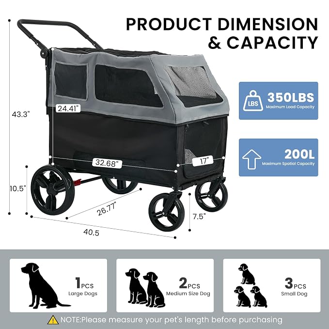 Large Dog Stroller for Medium & Large Dogs up to 350 lbs,Foldable Pet Wagon | Rear Ramp for Senior Dogs,Adjustable Handle,Washable Pad,All Terrain Wheels,Breathable Mesh Doors & Multiple Storage Pockets