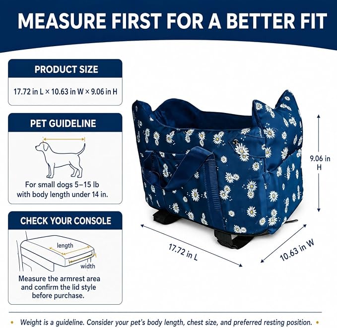 Center Console Dog Car Seat for Small Dogs 5-15 lbs, Nauy Blue | Anti-Collapse Puppy Booster Carseat with Washable Fluffy Cushion, Pillow and Carry Handles