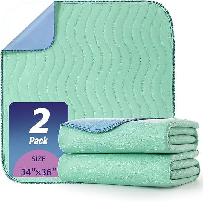 Pee Pads for Adults, Kids and Pets, Cotton-Like Surface, Machine Washable, 100% Leak Prevention with Waterproof TPU Layer (2 Pack, 34*36 inch)