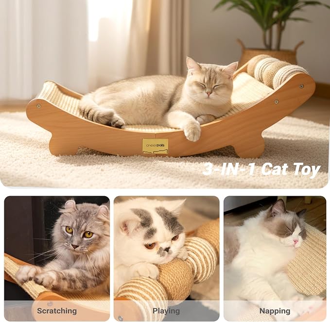 CHEERPALS Sisal Cat Scratcher Bed with Balls Wooden Cat Furniture(Large) | Cat Scratching Post. Indoor Cats Hammock. Natural Sisal Cat Scratch. Assembles in 5 mins. Gentle on kitten claws