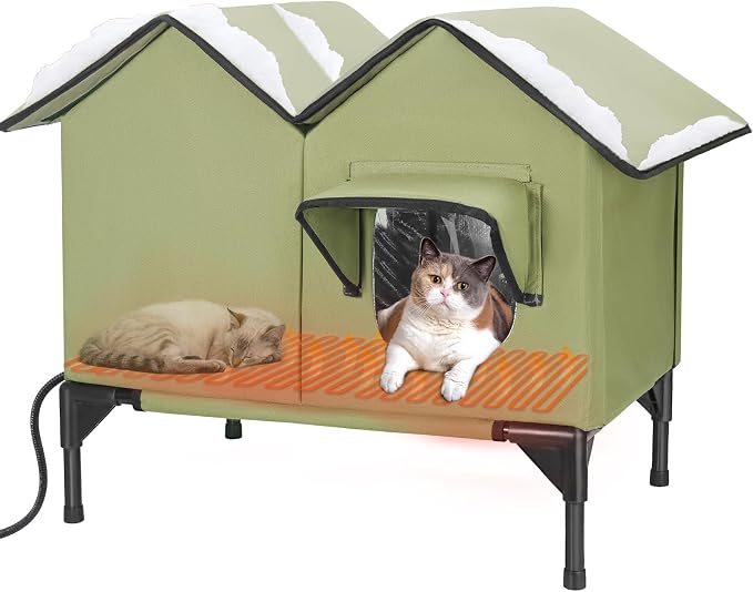 Heated Cat House, Large Heated Outdoor Cat House Weatherproof for Winter, Elevated Waterproof Insulated Cat Houses for Outdoor Cats, Comfortable and Warm Feral Cat Shelter (Green)