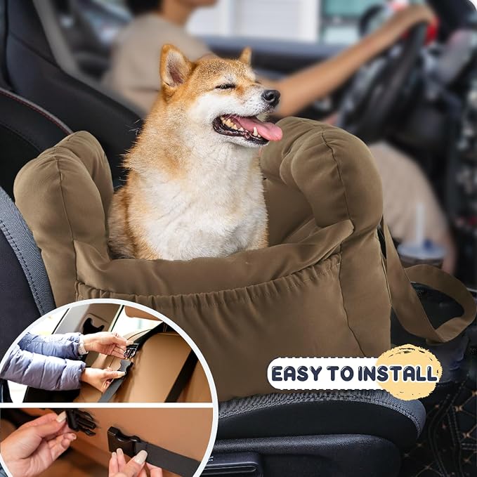 Dog Car Seat for Small Dogs, Portable Puppy Car Seat of Easy Installation, Fashionable Pet Carrier Bag with Large Pockets, Machine Washable Dog Booster Seat (Khaki)