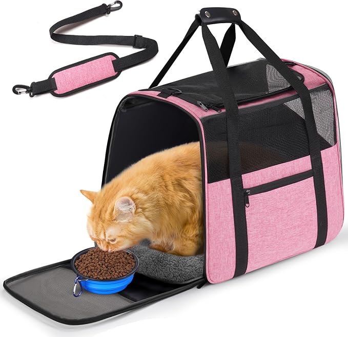 JUNGYOUN Premium Cat Carrier - Pet Carrier for Cat & Small Dogs up to 15lbs - Airline Approved Travel Dog Carrier with Anti-Escape Zippers, Collapsible Travel Bowl & Padded Strap