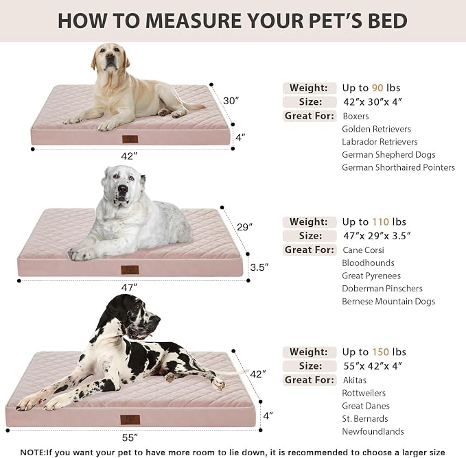 WNPETHOME Orthopedic XXL Dog Beds for Large Senior Dog Bed Comfy Sleeping | XXL Washable Waterproof Dogs Bed with Removable Cover, Multi-Needle Quilting Dogs Crate Bed for Relax , Pink 55x42 Inch