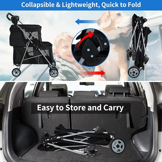 Dog Stroller 4 Wheels Cat Strollers Double Layer Pet Strollers Pet Carriers Jogger Stroller for Medium Dogs Cats Travel Camping Strolling Cart with Cup Holder Removable Liner, Black