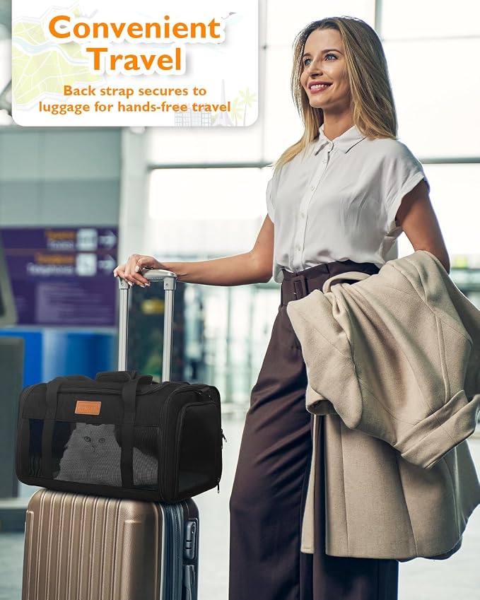 PETUX Airline Approved Pet Carrier for Small Cats up to 12 lb, Black | 17x11x9.5 in, Underseat, Top & Side Entry, Soft Sided Cat Carrier with Breathable Anti-Scratch Mesh for Travel & Vet