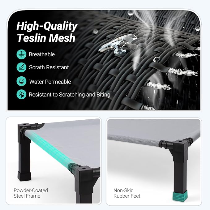 Elevated Outdoor Dog Bed, Raised Dog Bed with Steel Framed 35in | Cooling Elevated Pet Cot with Non-Slip Feet, and Waterproof, Washable, Breathable Teslin Mesh