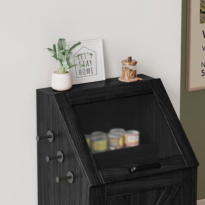 Black Dog Feeding Station with Storage & Bowls | Pet food cabinet, 2 elevated bowls, 3 hooks, glass flip cover, anti-tipping device, for dogs.