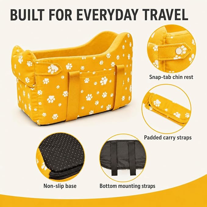 Small Dog Car Seat for Center Console, Yellow | Portable Puppy Armrest Booster for Dogs 5-15 lbs, Anti-Collapse Support with Washable Fluffy Cushion