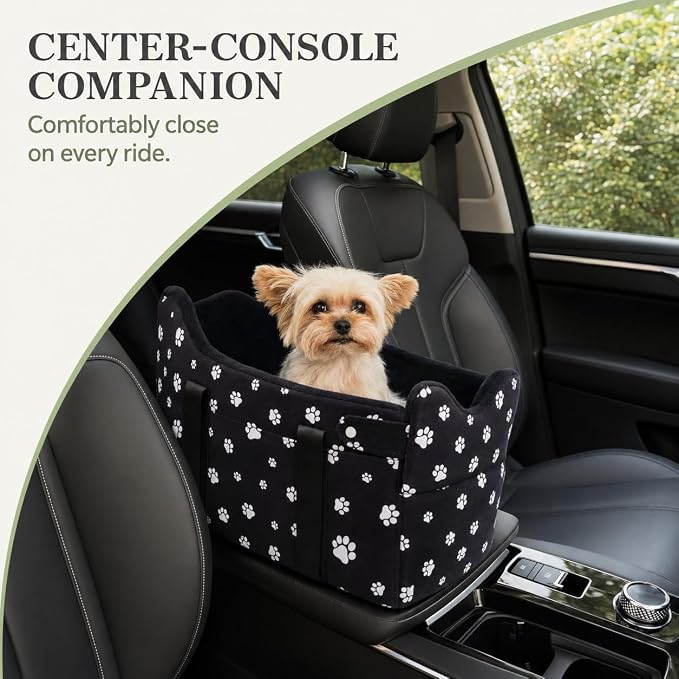 Center Console Dog Car Seat Safe Travel for Small Dogs Under 15 lbs Detachable Washable Pet Carrier with Storage Pockets & Safety Leash,Black