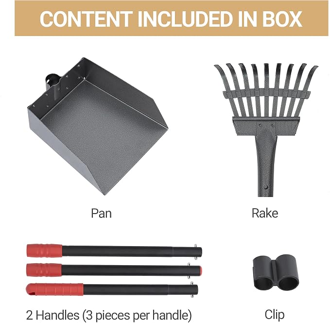 Dog Pooper Scooper, Dog Poop Tray and Rake Set with Long Stainless Handles | Pet Waste Removal Scoop with Adjustable Sectional Handles