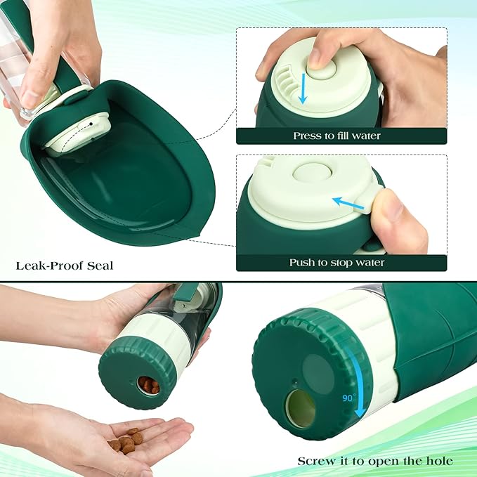 TIOVERY Upgraded Dog Water Bottle, Portable Dog Cat Puppy Pet Water Dispenser Feeder with Drinking Cup and Food Container Leak Proof for Outdoor Walking, Travel, Hiking 12OZ