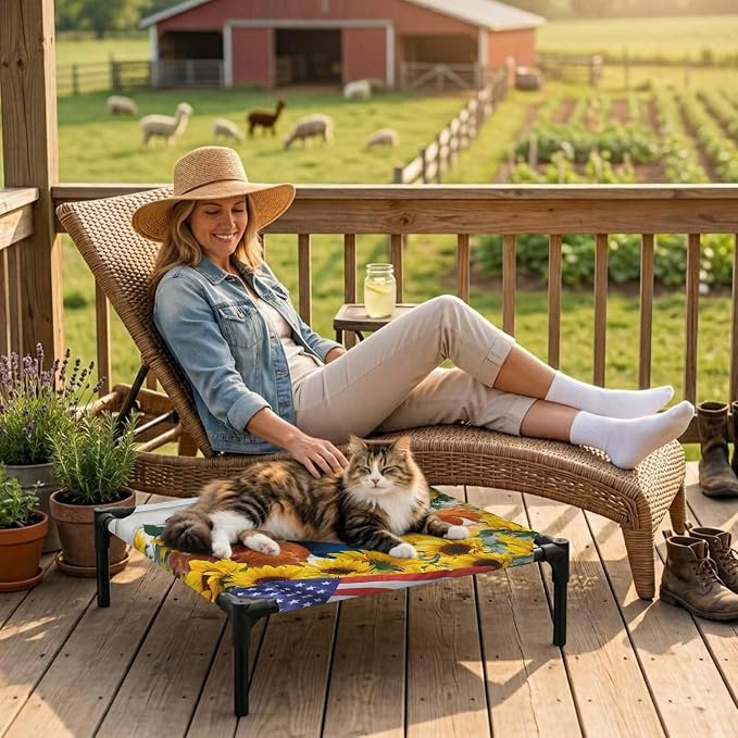 Outdoor Elevated Dog Bed for Small Dogs, Sunflower Independence Day Breathable Cooling Raised Dog Cot for Indoor/Outdoor, 4th of July Rooster Wooden Waterproof Elevated Pet Beds, S 20 x 20 in