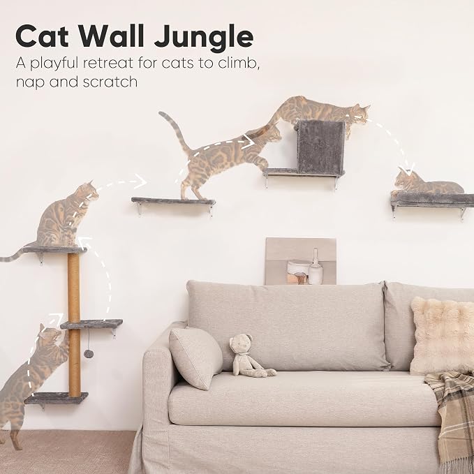 FUKUMARU Cat Wall Shelves, 4 in 1 Set, Light Gray | Stable & Safe Cat Walls Furniture, Wooden Kitten Climbing Wall with Scratching Post for 16 Inch Drywall