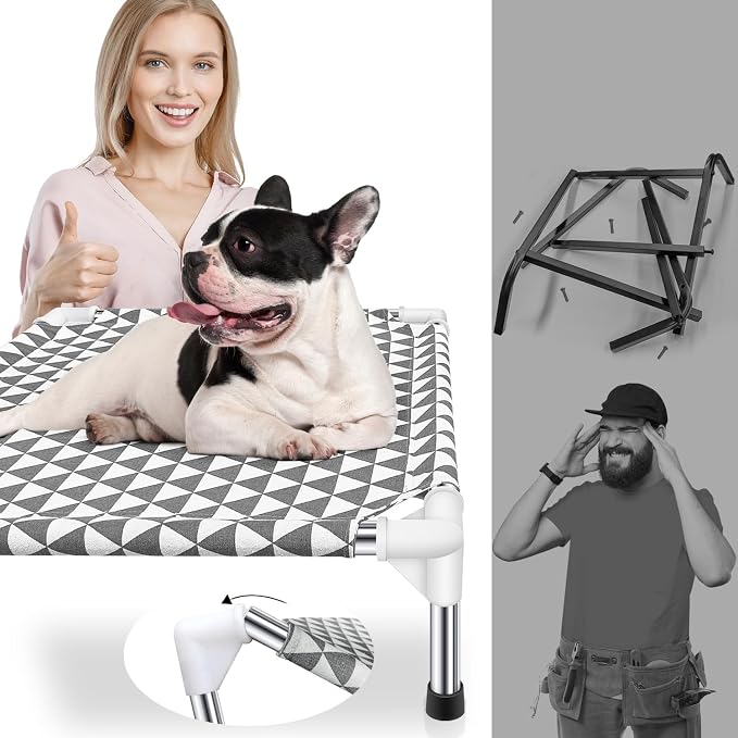 Kuntrust Elevated Outdoor Dog Bed for Small Pets，Fits up to 50lbs | Breathable Fabric, Dual-Layer Cotton, Stainless Steel Frame, Anti-Slip Feet