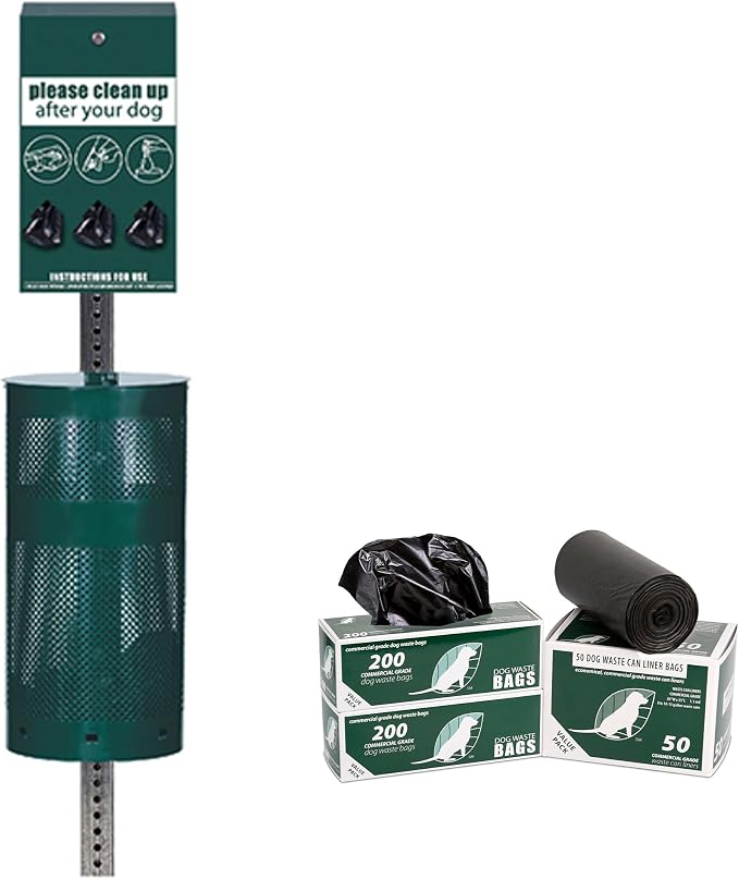 Zero Waste USA - Aluminum Low Profile Dog Waste Station, Matte Green | 5' low-profile aluminum station with 400 roll bags, 25 liners, rust-proof construction, blends into parks and landscapes