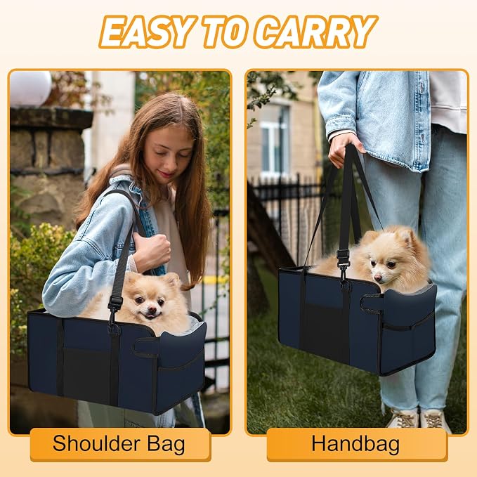 Portable Dog Car Seat for Small Dogs, Puppy Car Seat, Navy Blue | Booster Seat With Safety Leash & Adjustable Straps Keeps Small Dogs Secure. Removable Washable Cushion. Fits Most Cars.