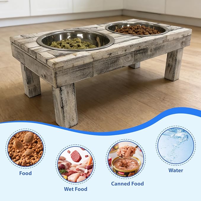 Pet Berjen Table Elevated Double Bowl Feeder, White Wash (Large)