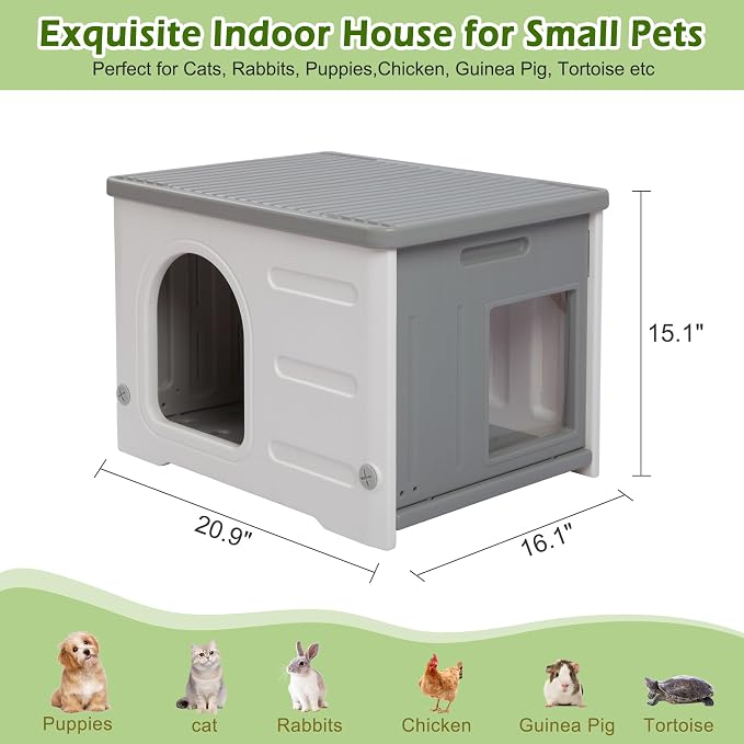 Waterproof Cat House for Outdoor Cats, Plastic Feral Cat House | with Escape with Escape Door and Soft Mat, Indoor Cat Shelter for Mutiple Cats - Grey