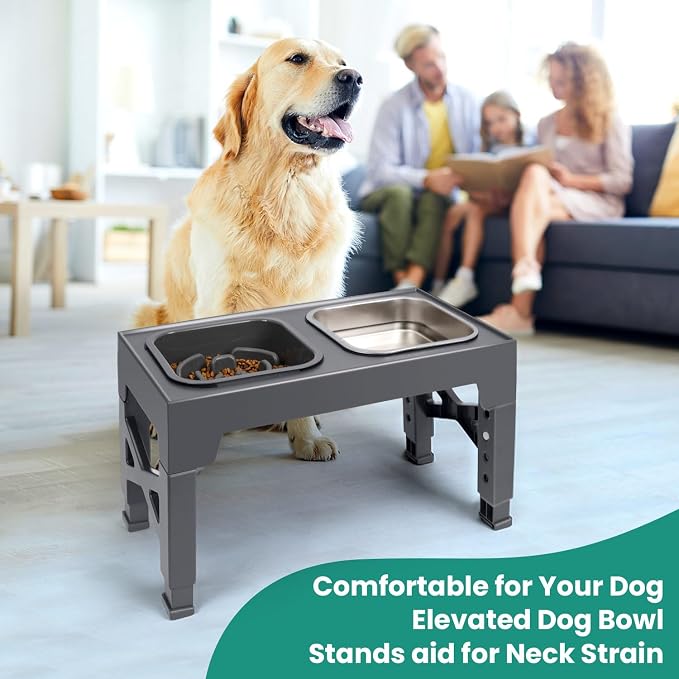 Elevated Dog Bowls, with Slow Feeder Bowl and Stainless Steel Dog Food Bowl, Raised Dog Bowls Adjusts to 5 Heights (3.15", 8.66", 9.84",11.02", 12.2") for Small Medium and Large Dogs