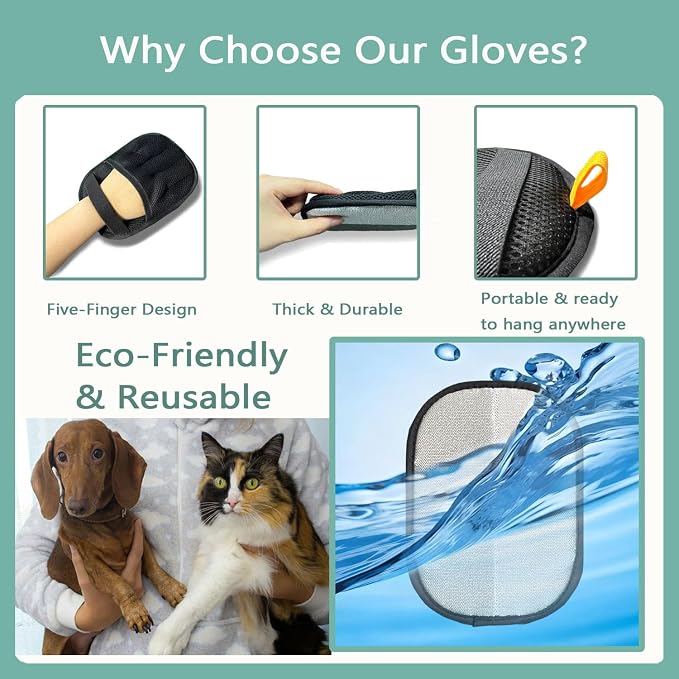 2-Pack Reusable Electrostatic Pet Hair Remover Gloves for Furniture, Carpets, Car Interiors & Auto Upholstery.