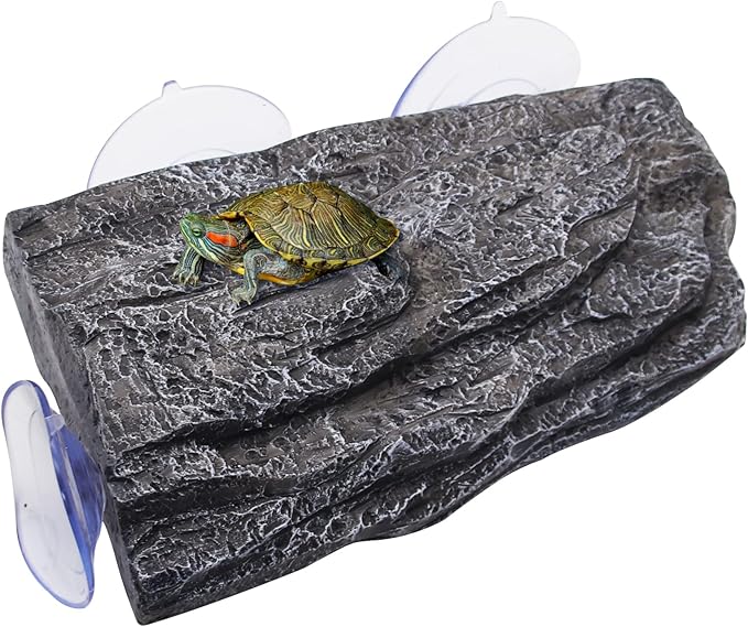 Turtle Basking Platform with 3 Suction Cups,for Frogs,Tortoise,Grey | 8.66" Floating Resting Terrace, |Adjustable Level | Natural Rock Texture, Anti-Skid | for Fish Tank, Aquarium, Terrarium