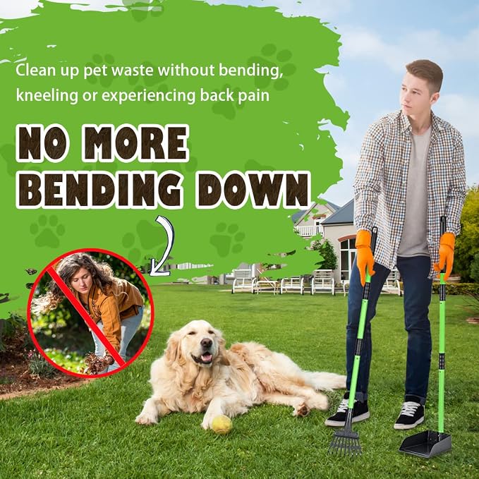 MXF Pooper Scooper, Dog Pooper Scooper Long Handle Stainless Metal Tray and Rake Set for Medium Small Dogs Heavy Duty - Use on Grass, Dirt or Gravel - Pet Supplies (Green)