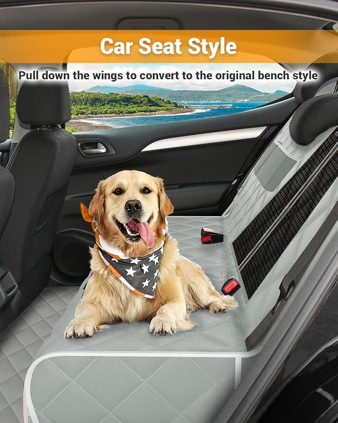 Dog Car Seat Cover, 600D Heavy Dute Car Seat Cover for Dogs Pets, 100% Waterproof Anti-Scratch Nonslip Dog Hammock for Cars, Seat Covers Protector with SeatBelt for Sedan SUV Truck Standard Gray
