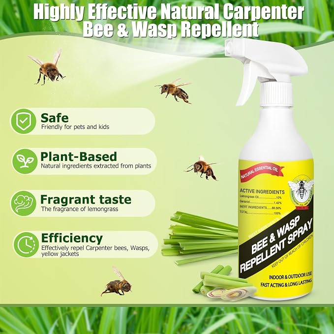 16Oz Wasp & Bee Repellent Outdoor Spray with Natural Essential Oils, Hornet & Yellow Jacket Killer Spray for Indoor & Outdoor Use on Patios, Gardens, and Yards