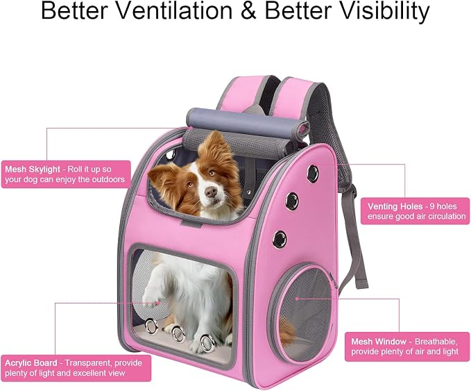 Expandable Cat Backpack Carrier, Portable Cat Backpack Up to 18 lbs | Airline Approved Pet Travel Carrier, Super Ventilated Design, Ideal for Traveling/Hiking /Camping, Pink