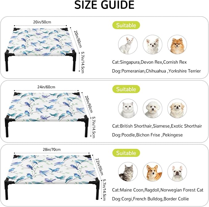 Outdoor Elevated Dog Bed for Medium Dogs, Cute Birds Ombre Blue Breathable Cooling Raised Dog Cot for Indoor/Outdoor, Spring Country Animals Branches Waterproof Elevated Pet Beds, M 24 x 20 in
