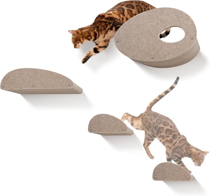 Pryde Pets Wall Mounted Cat Shelves with Facade Covers (Set of 4) 100% Sustainable PET Felt Feline Enrichment Climbing Walkways Furniture with Privacy & Safety, Modern Design for Cats (Oatmeal)