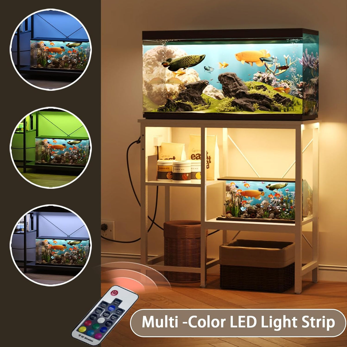 20-29 Gallon Fish Tank Stand with Power Outlet & LED Light, Metal Aquarium Stand with 3 Tier Adjustable Storage Shelves, Tank Stand for Reptile Tank, Turtle Tank, 30.7" L*13.8" W, White