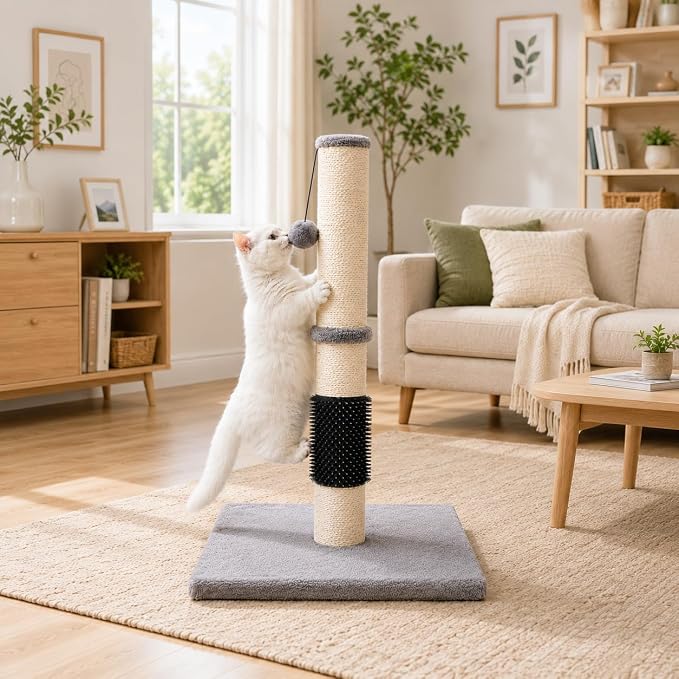 MeowHomm 32" Cat Scratching Post with Self Groomer Cat Brush, Sisal Rope Tall Cat Scratching Post with Soft Hanging Ball for Indoor Cats, Cat Claw Scratcher Covered with Soft Smooth Plush