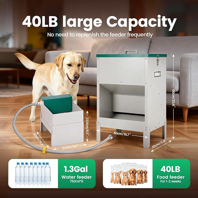 40-50lb Dog Self Feeder Outdoor Automatic Dog Feeder and Water Raised 6L Water Bowl Dispenser Auto Metal Gravity Dog Feeder 3.94" Elevated Animal Feeder Feeding Station for Large Breed