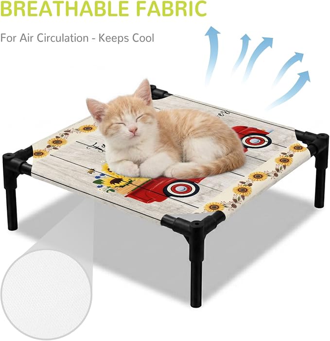 Outdoor Elevated Dog Bed for Small Dogs, Sunflowers Breathable Cooling Raised Dog Cot for Indoor/Outdoor, Country Botanical Bees Red Truck Wooden Plank Waterproof Elevated Pet Beds, S 20 x 20 in