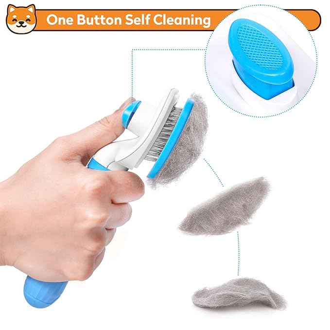 Dog & Cat Brush Kit 2PCS, Self Cleaning Slicker Brush for Pets, Upgraded Dog Brush for Shedding Massaging and Grooming, Removes Loose Undercoat & Portable Comb for Long Short Haired Dogs(Blue)