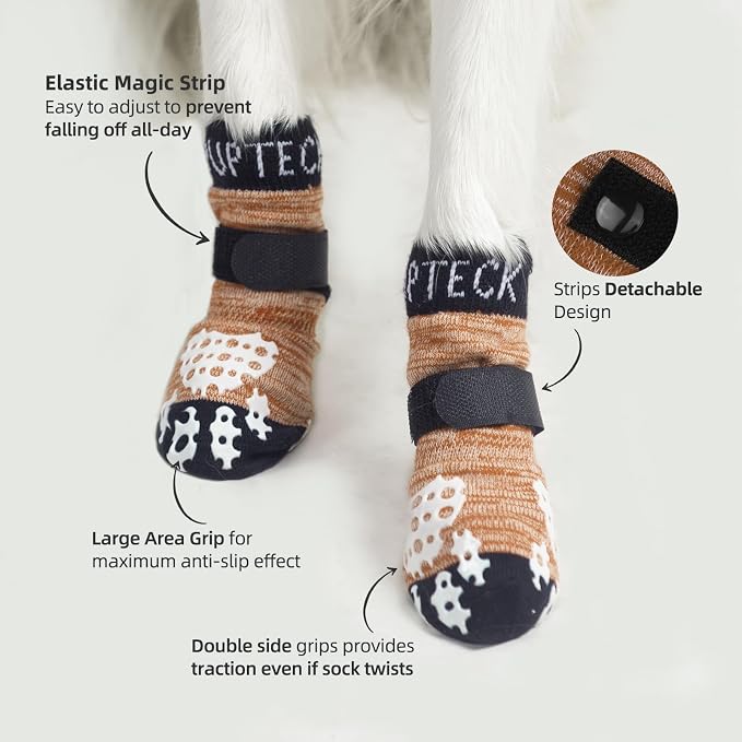 PUPTECK Anti-Slip Dog Socks with Double Sides Grips for Small Medium Large Dogs Hardwood Floors Prevents Licking, Dog Shoes for Hot Pavement Traction Control Paw Protector for Senior Dogs, Khaki XL
