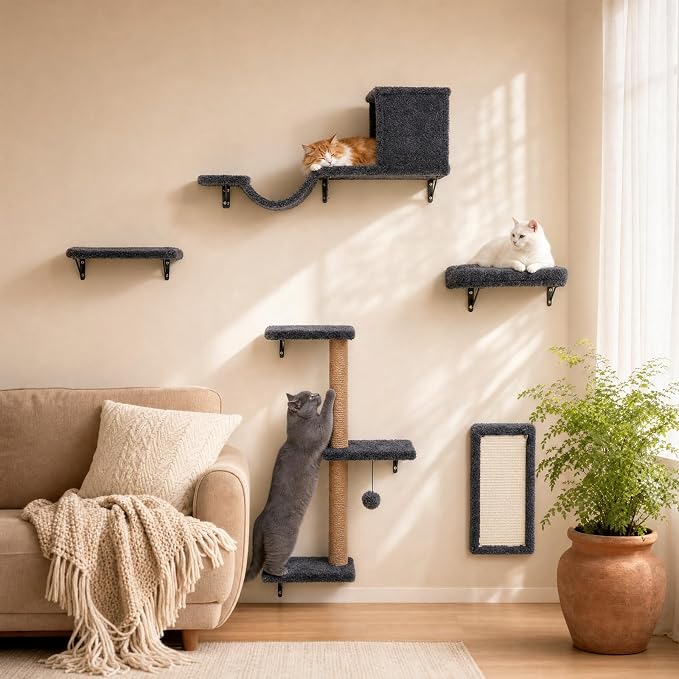6-in-1 Cat Wall Shelves for Indoor Cats, Wall Mounted Furniture with Bed, Cave, Perch & Scratching Post, Multi-Level Climbing System, Space-Saving Playground, Natural Wood Gray