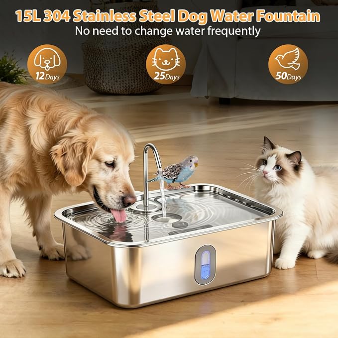 Dog Water Fountion for Large Dogs,15L/4 Gal Stainless Steel Automatic Pet Water Dispenser,Ultra Quiet Dog Fountain Water Bowl with Water Level Window & LED Light, Include 1Set Filter