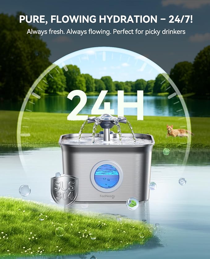 Stainless Steel Cat Water Fountain, 2.8L with 20dB Ultra-Quiet Pump- Ideal for Timid Pets, LED Water Level Window, Dishwasher Safe, 24/7 Circulation- Includes 3 Replacement Filters