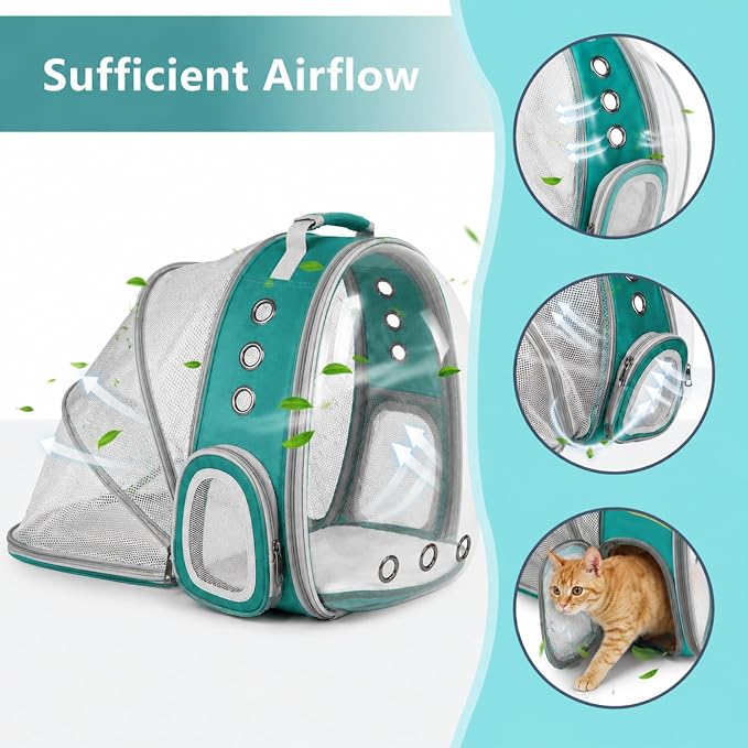 Expandable Cat Carrier Backpack for Cats & Dogs, Bubble Window Pet Travel Backpack with Breathable Mesh, Anti-Collapse Structure, Side Door, Safety Leash, for Vet Visits, Hiking, Outdoor, Green