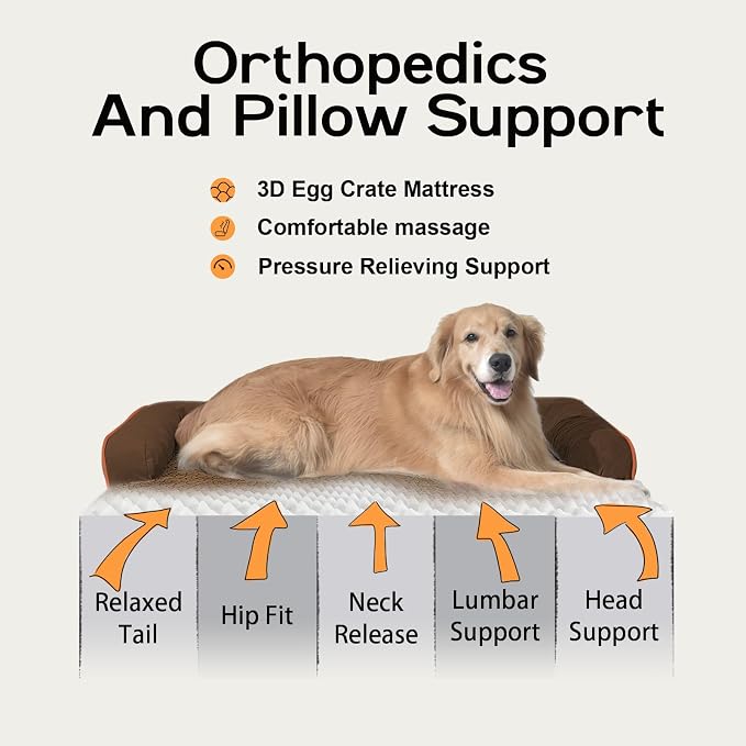 Orthopedic Waterproof Dog Bed with Bolster for Extra Large Size Dogs | Pillow Support for Neck Relief, Egg Crate Foam, Waterproof Liner, Anti-Slip Bottom, Removable Bolster Cover, 48 x 33 Inch