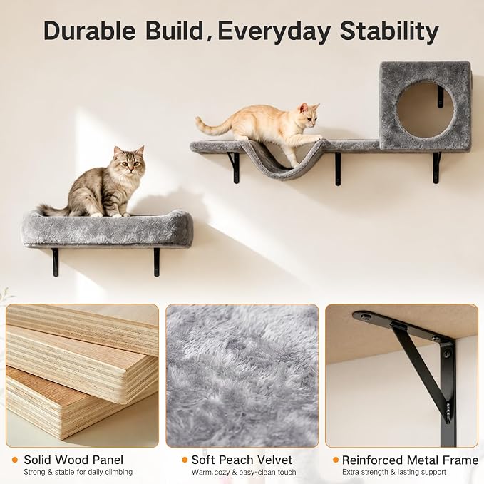 5-in-1 Cat Wall Shelves for Indoor Cats, Wall Mounted Cat Furniture Set with Bed, Perch, Hideaway Condo, Scratching Post & Scratcher, Cat Climbing Wall System, Space Saving Design, Grey