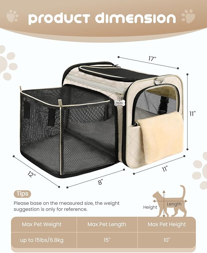MIDOG Cat Carrier Soft for Small-Medium Cats Up to 15lbs, Airline Approved | Expandable Square Design,Comfort & Breathable Window,Equipped with anti-slip lock zippers and an internal safety leash