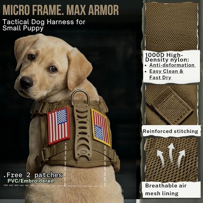 Tactical Dog Harness for Small Dogs, XS Puppy Harness with Handle, No Pull Adjustable Military Vest, Soft Chest Support Pad, D-Ring, Molle Loop Panels, 2 Patches, Khaki